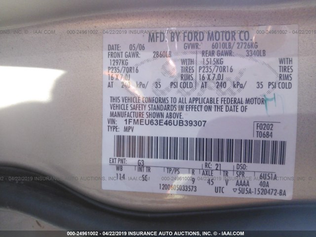 1FMEU63E46UB39307 - 2006 FORD EXPLORER XLT GOLD photo 9