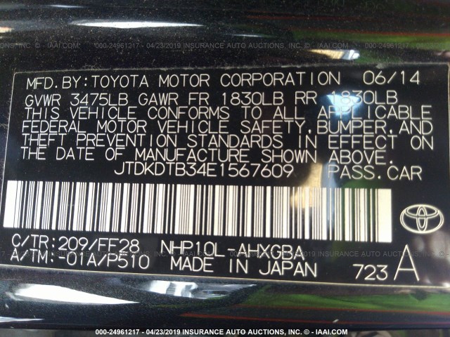 JTDKDTB34E1567609 - 2014 TOYOTA PRIUS C BLACK photo 9