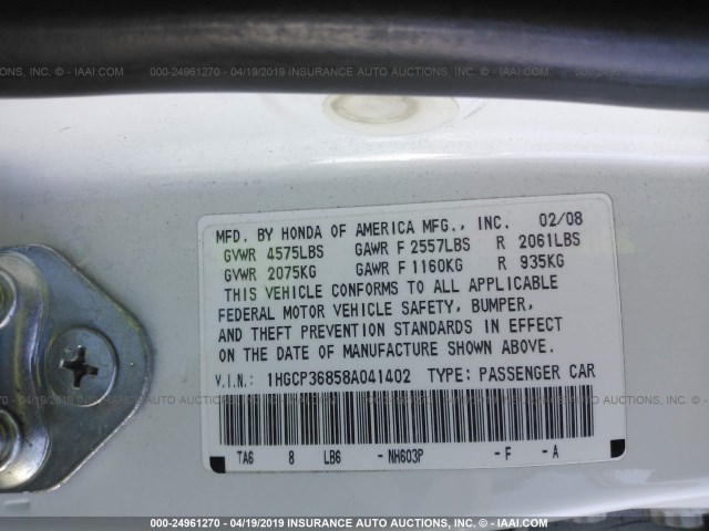 1HGCP36858A041402 - 2008 HONDA ACCORD EXL WHITE photo 9