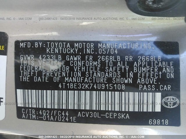 4T1BE32K74U915108 - 2004 TOYOTA CAMRY LE/XLE/SE GOLD photo 9