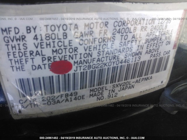 JT2BG22K0Y0448113 - 2000 TOYOTA CAMRY CE/LE/XLE BLACK photo 9