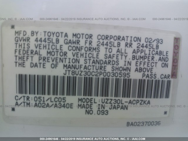 JT8UZ30C2P0030595 - 1993 LEXUS SC 400 WHITE photo 9