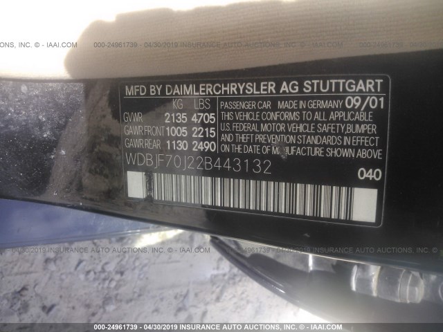 WDBJF70J22B443132 - 2002 MERCEDES-BENZ E 430 黑色 照片 9