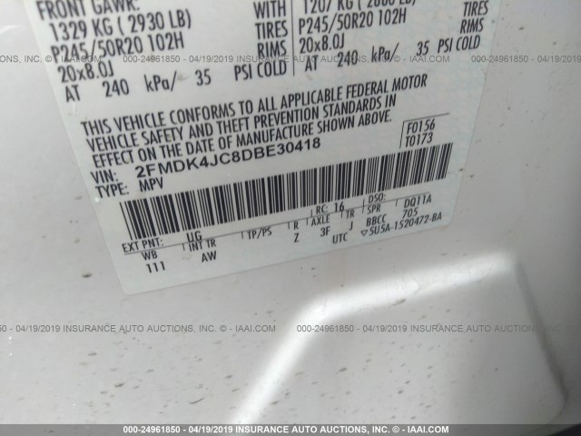 2FMDK4JC8DBE30418 - 2013 FORD EDGE SEL WHITE photo 9