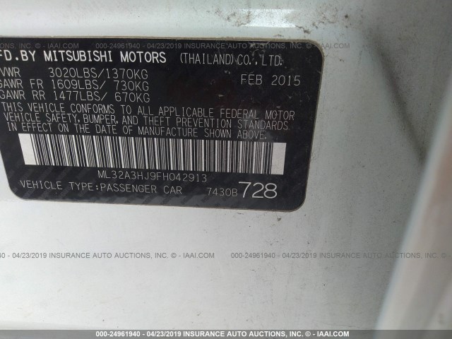 ML32A3HJ9FH042913 - 2015 MITSUBISHI MIRAGE DE WHITE photo 9