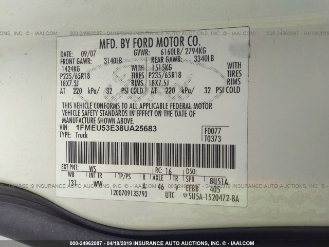 1FMEU53E38UA25683 - 2008 FORD EXPLORER SPORT TR LIMITED WHITE photo 9