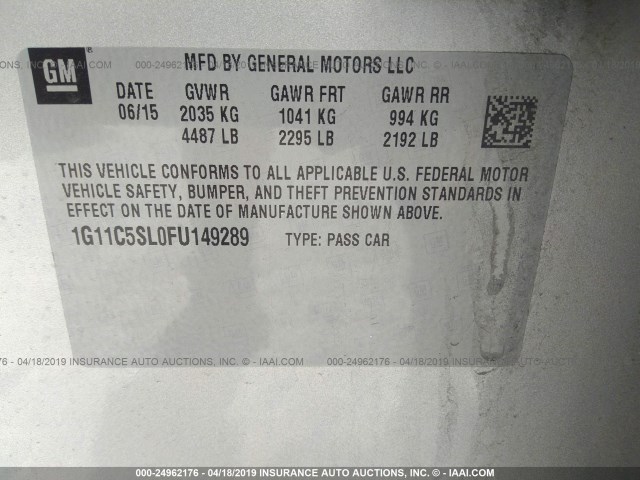 1G11C5SL0FU149289 - 2015 CHEVROLET MALIBU 1LT 银色 照片 9