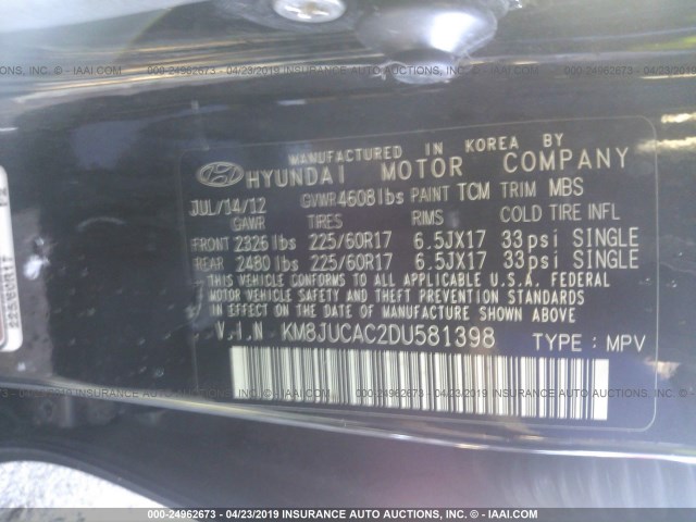 KM8JUCAC2DU581398 - 2013 HYUNDAI TUCSON GLS/LIMITED შავი ფოტო 9