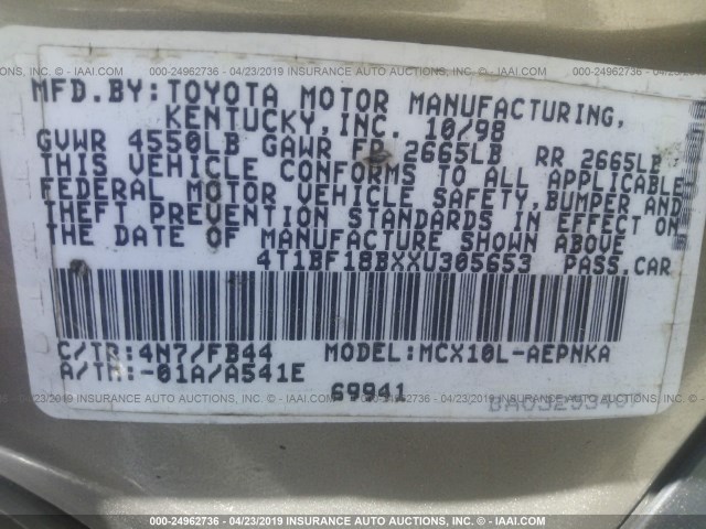 4T1BF18BXXU305653 - 1999 TOYOTA AVALON XL/XLS GOLD photo 9