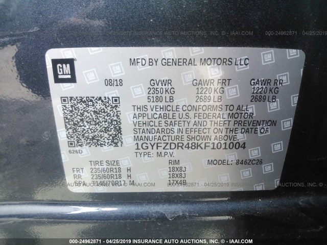 1GYFZDR48KF101004 - 2019 CADILLAC XT4 PREMIUM LUXURY GRAY photo 9