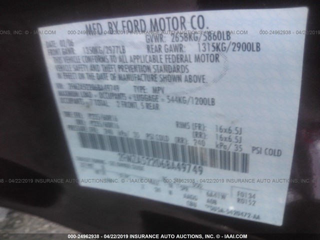 2FMZA52206BA49749 - 2006 FORD FREESTAR SEL ბურგუნდია ფოტო 9