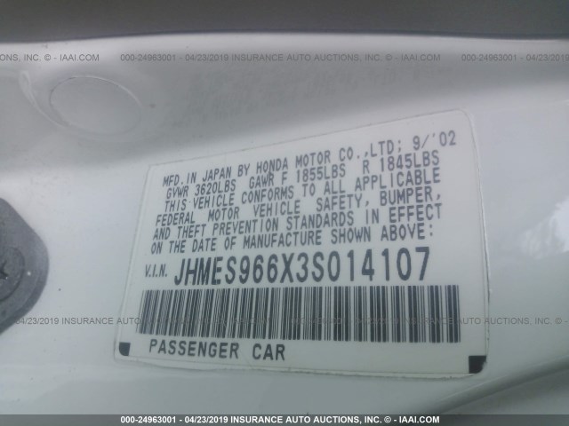 JHMES966X3S014107 - 2003 HONDA CIVIC HYBRID WHITE photo 9