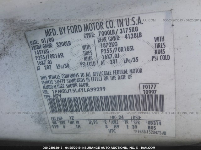 1FMRU15L4YLA99299 - 2000 FORD EXPEDITION XLT WHITE photo 9
