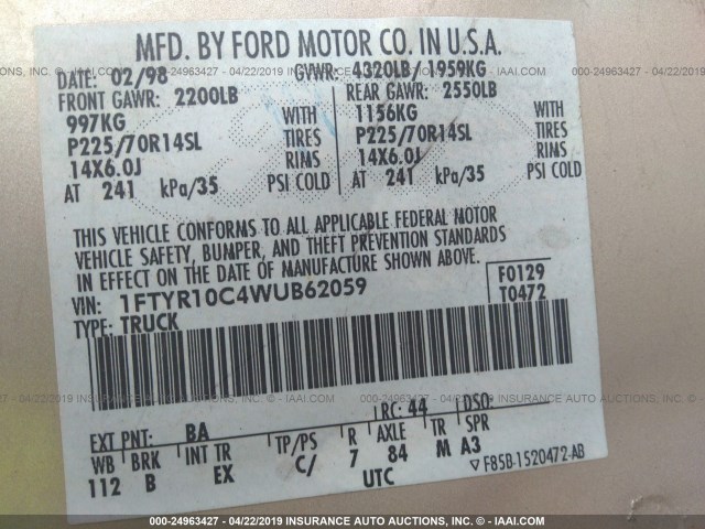 1FTYR10C4WUB62059 - 1998 FORD RANGER GOLD photo 9