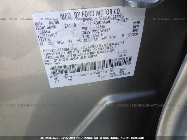 2FMDK38C48BB03536 - 2008 FORD EDGE SEL Champagne photo 9