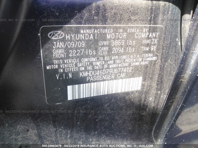 KMHDU46D79U677412 - 2009 HYUNDAI ELANTRA GLS/SE BLUE photo 9