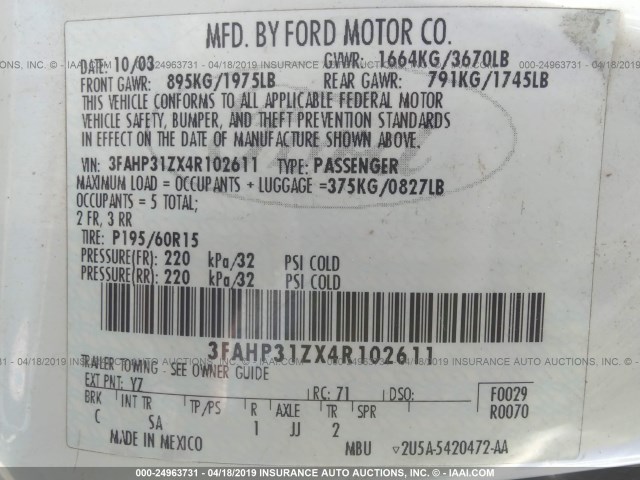 3FAHP31ZX4R102611 - 2004 FORD FOCUS ZX3 WHITE photo 9