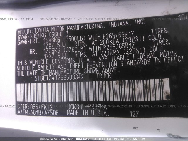 5TBET34126S508342 - 2006 TOYOTA TUNDRA DOUBLE CAB SR5 WHITE photo 9