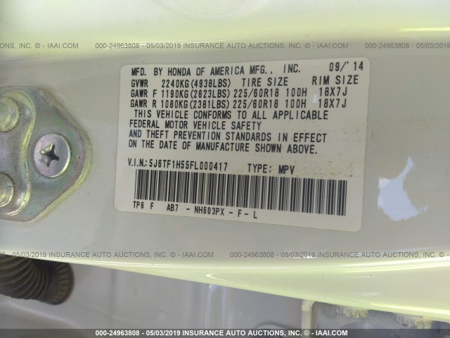 5J6TF1H55FL000417 - 2015 HONDA CROSSTOUR თეთრი ფოტო 9