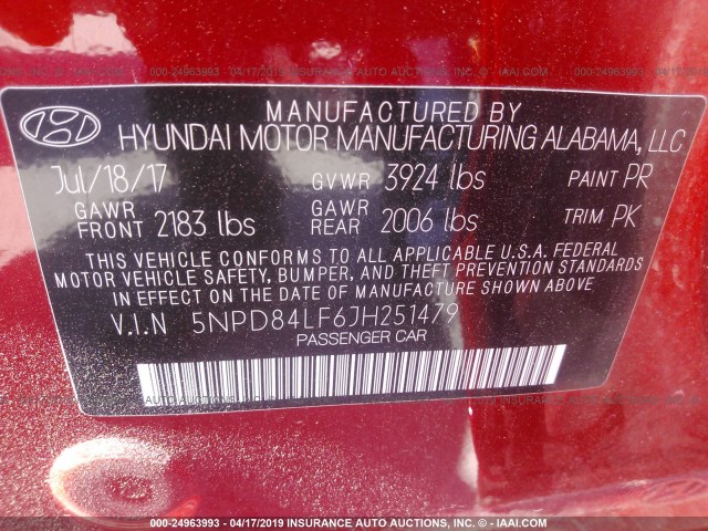 5NPD84LF6JH251479 - 2018 HYUNDAI ELANTRA SEL/VALUE/LIMITED RED photo 9