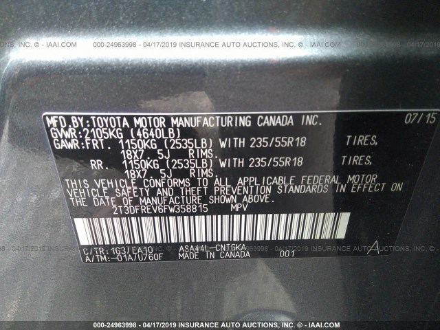 2T3DFREV6FW358815 - 2015 TOYOTA RAV4 LIMITED GRAY photo 9