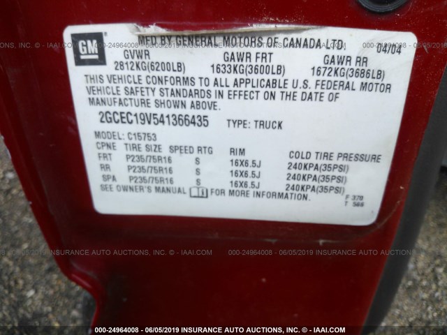 2GCEC19V541366435 - 2004 CHEVROLET SILVERADO RED photo 9