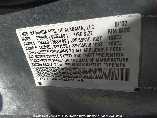 5FNRL38757B112757 - 2007 HONDA ODYSSEY EXL TAN photo 9