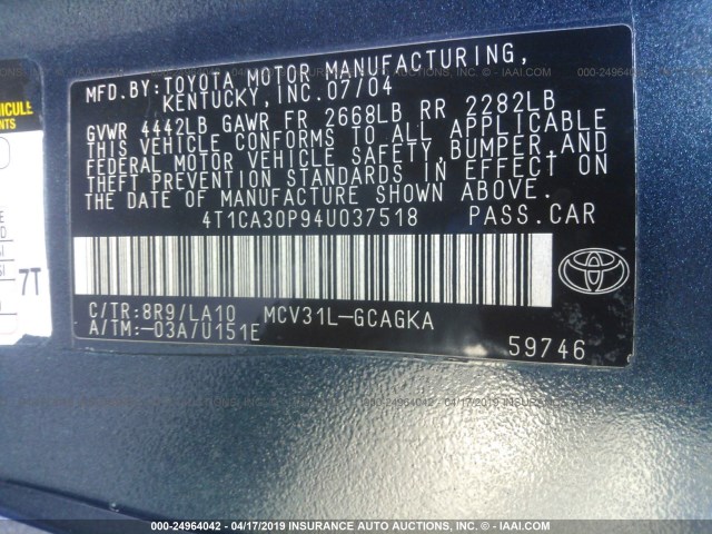 4T1CA30P94U037518 - 2004 TOYOTA CAMRY SOLARA SE/SLE BLUE photo 9