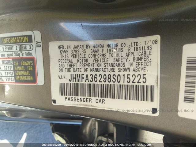 JHMFA36298S015225 - 2008 HONDA CIVIC HYBRID GRAY photo 9