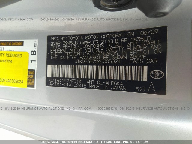 JTKDE3B72A0305024 - 2010 TOYOTA SCION TC ვერცხლისფერი ფოტო 9