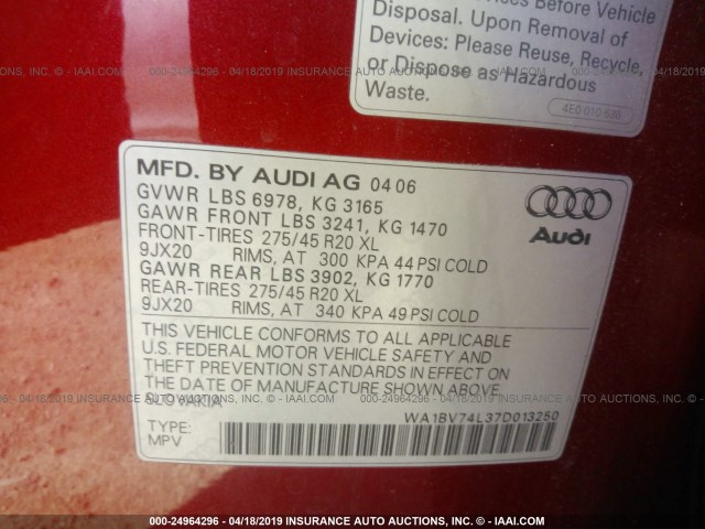 WA1BV74L37D013250 - 2007 AUDI Q7 4.2 QUATTRO PREMIUM RED photo 9