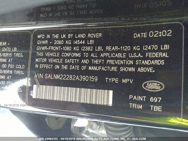 SALNM22282A390159 - 2002 LAND ROVER FREELANDER S BLACK photo 9