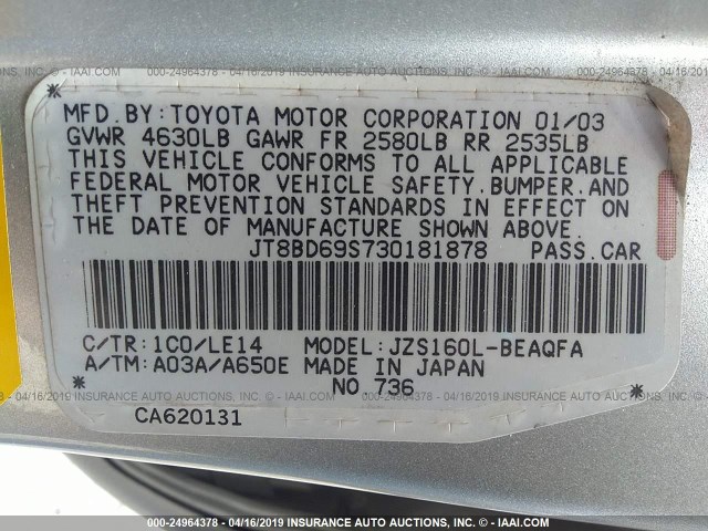 JT8BD69S730181878 - 2003 LEXUS GS 300 SILVER photo 9