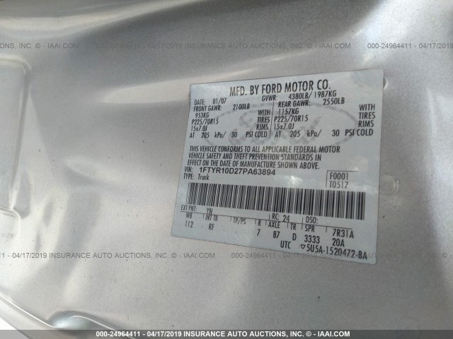 1FTYR10D27PA63894 - 2007 FORD RANGER SILVER photo 9