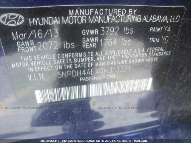 5NPDH4AEXDH313321 - 2013 HYUNDAI ELANTRA GLS/LIMITED PURPLE photo 9