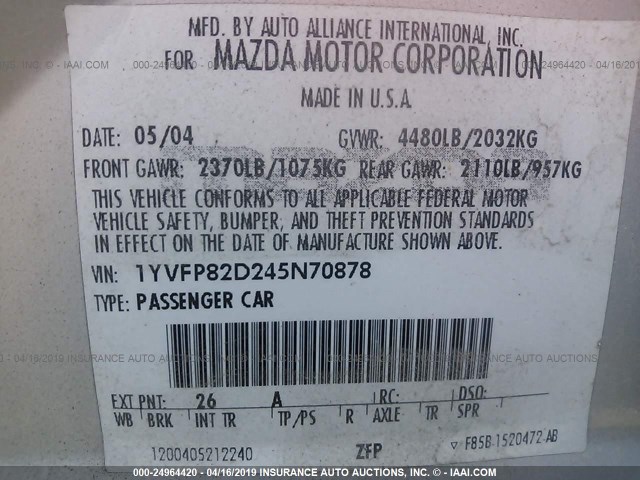 1YVFP82D245N70878 - 2004 MAZDA 6 S SILVER photo 9