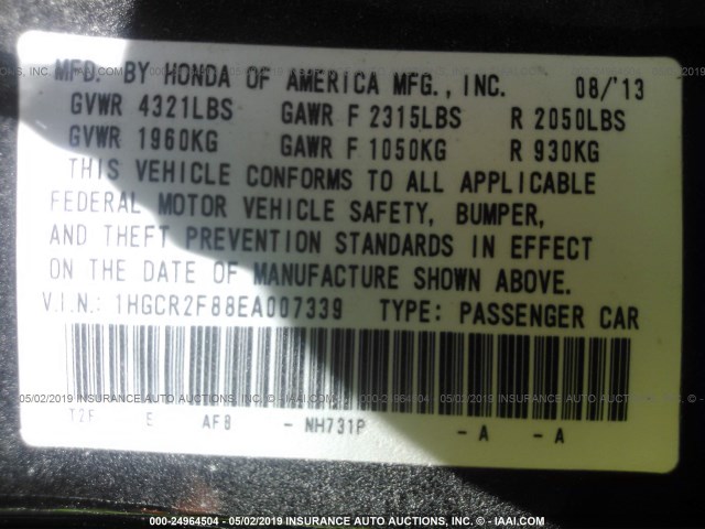 1HGCR2F88EA007339 - 2014 HONDA ACCORD GRAY photo 9