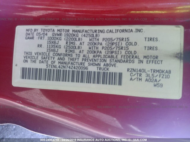5TENL42N74Z420096 - 2004 TOYOTA TACOMA RED photo 9
