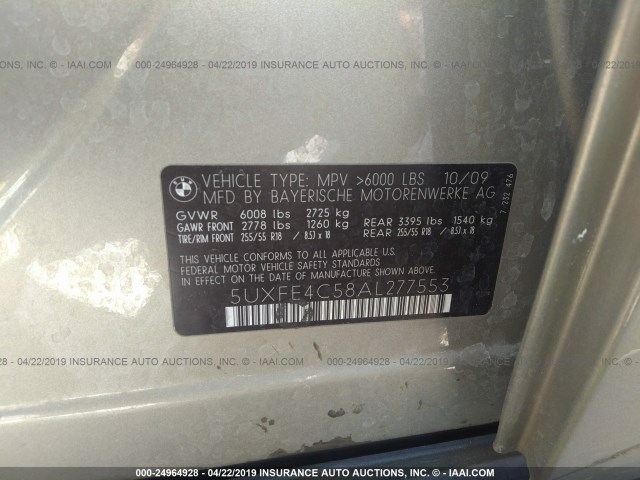 5UXFE4C58AL277553 - 2010 BMW X5 XDRIVE30I GOLD photo 9