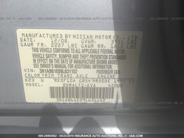 3N1AB61E09L631152 - 2009 NISSAN SENTRA 2.0/2.0S/2.0SL SILVER photo 9