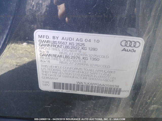 WA1LKAFP0AA098938 - 2010 AUDI Q5 PREMIUM PLUS GRAY photo 9