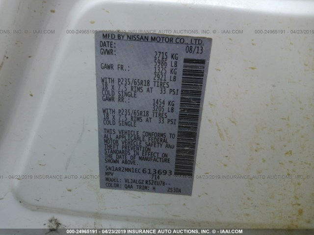 5N1AR2MN1EC613693 - 2014 NISSAN PATHFINDER S/SV/SL/PLATINUM WHITE photo 9