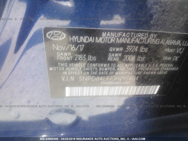 5NPD84LF7JH297404 - 2018 HYUNDAI ELANTRA SEL/VALUE/LIMITED BLUE photo 9