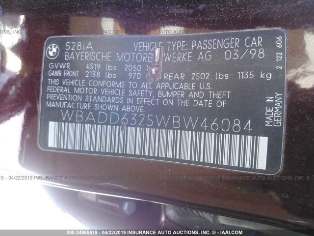 WBADD6325WBW46084 - 1998 BMW 528 I AUTOMATIC BURGUNDY photo 9