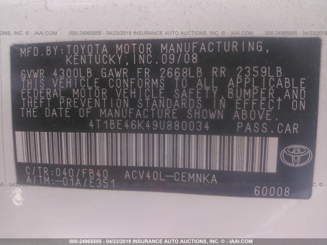 4T1BE46K49U880034 - 2009 TOYOTA CAMRY SE/LE/XLE WHITE photo 9