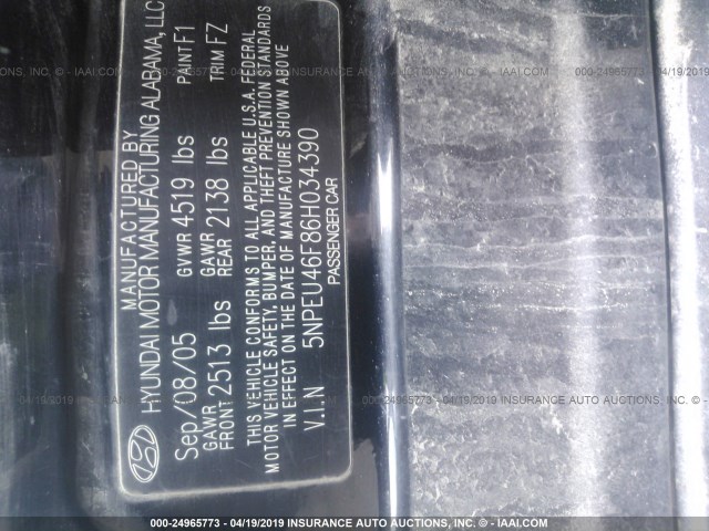 5NPEU46F86H034390 - 2006 HYUNDAI SONATA GLS/LX BLACK photo 9