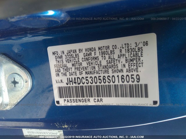 JH4DC53056S016059 - 2006 ACURA RSX TYPE-S BLUE photo 9