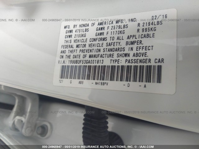 19UUB3F53GA001813 - 2016 ACURA TLX TECH WHITE photo 9