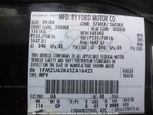 1FMZU63K45ZA16423 - 2005 FORD EXPLORER XLT/XLT SPORT/NBX Qara foto 9