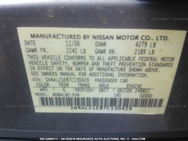 1N4AL21E87C130429 - 2007 NISSAN ALTIMA 2.5/2.5S GRAY photo 9